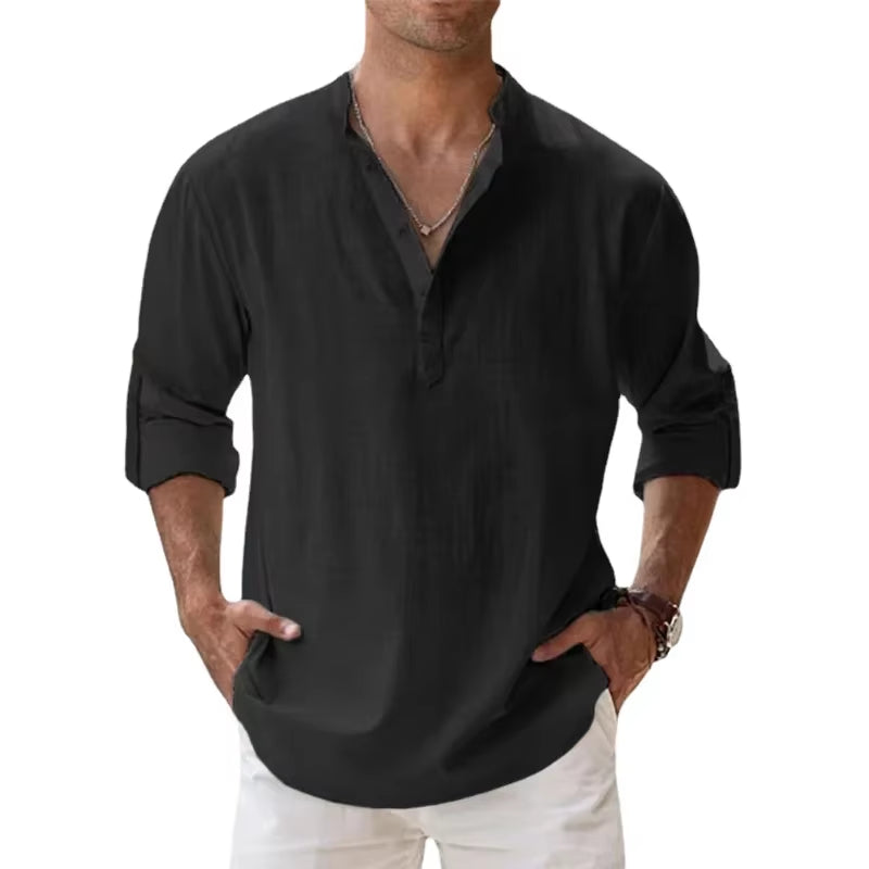 2025 New Cotton Linen Shirts for Men Casual Lightweight Long Sleeve Henley Beach Shirts Hawaiian TOPS for Men