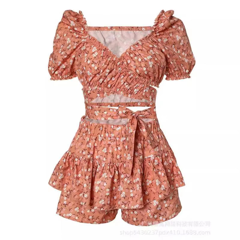 Elegant Women'S Sexy Floral Short Skirt 2024 Summer V-Neck Short Sleeved Cross Tie Hollow High Waisted Double-Layer Shorts Skirt