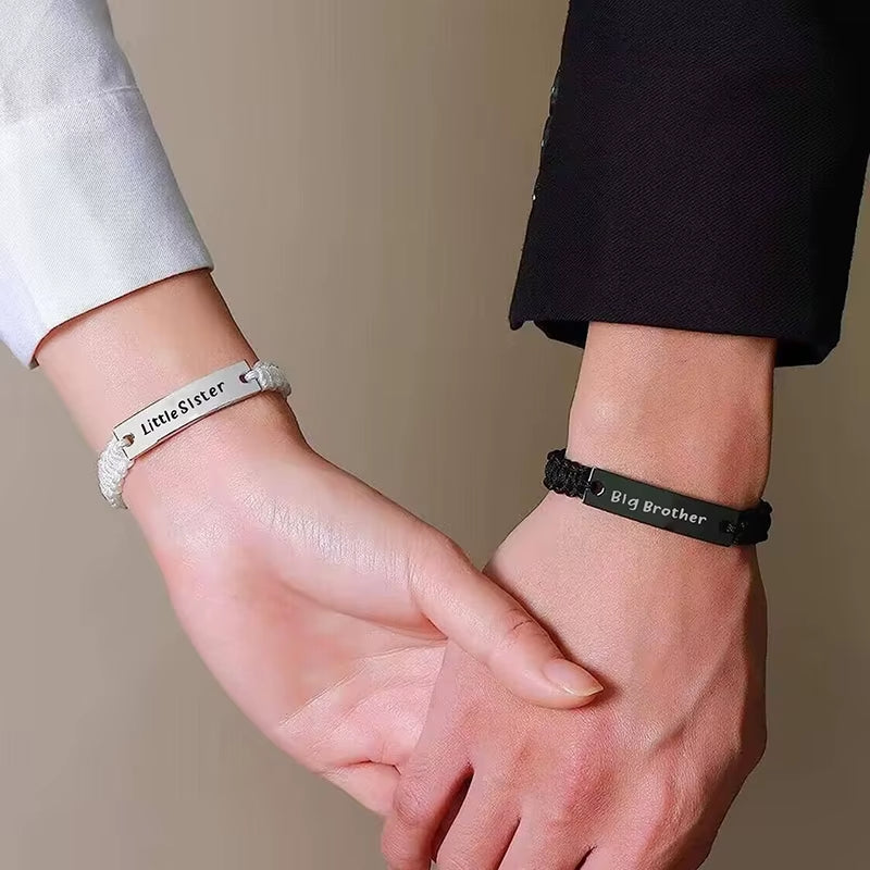 2 Pcs Brother Sister Bracelet Set Handmade Black White Braided Rope Bracelets Family Jewelry Gifts