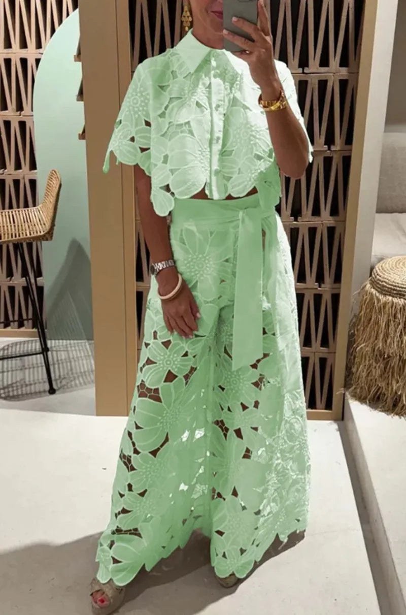 Sexy Lapel Single-Breasted Shirt Top + Wide-Leg Pants 2-Piece Set Women Fashion Solid Color Elegant Casual Hollow Suit Female
