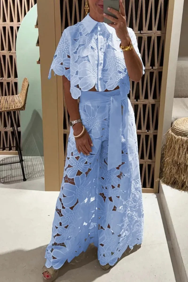 Sexy Lapel Single-Breasted Shirt Top + Wide-Leg Pants 2-Piece Set Women Fashion Solid Color Elegant Casual Hollow Suit Female