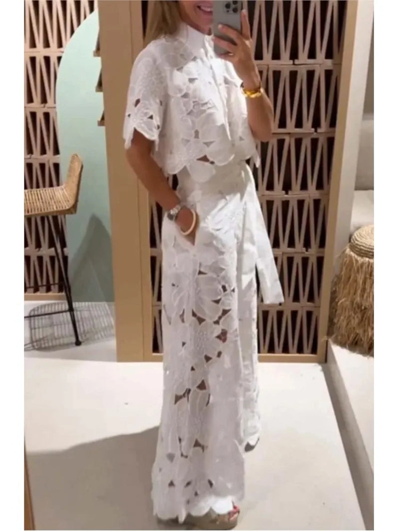 Sexy Lapel Single-Breasted Shirt Top + Wide-Leg Pants 2-Piece Set Women Fashion Solid Color Elegant Casual Hollow Suit Female