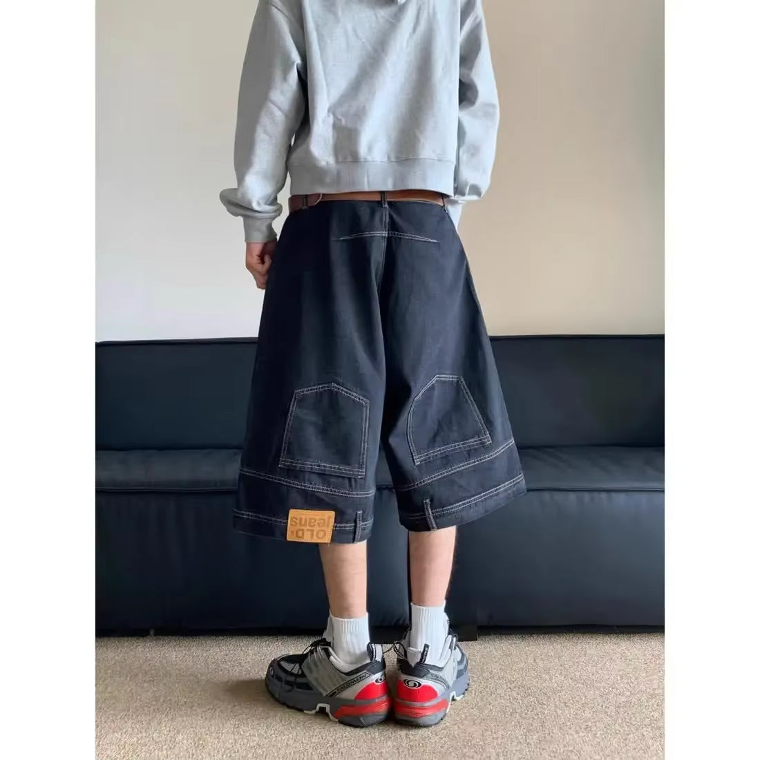 Hip Hop Retro Waist Inverted Design Men Denim Shorts Instagram Gothic Street Apparel Loose Straight Leg Pants Sports Pants