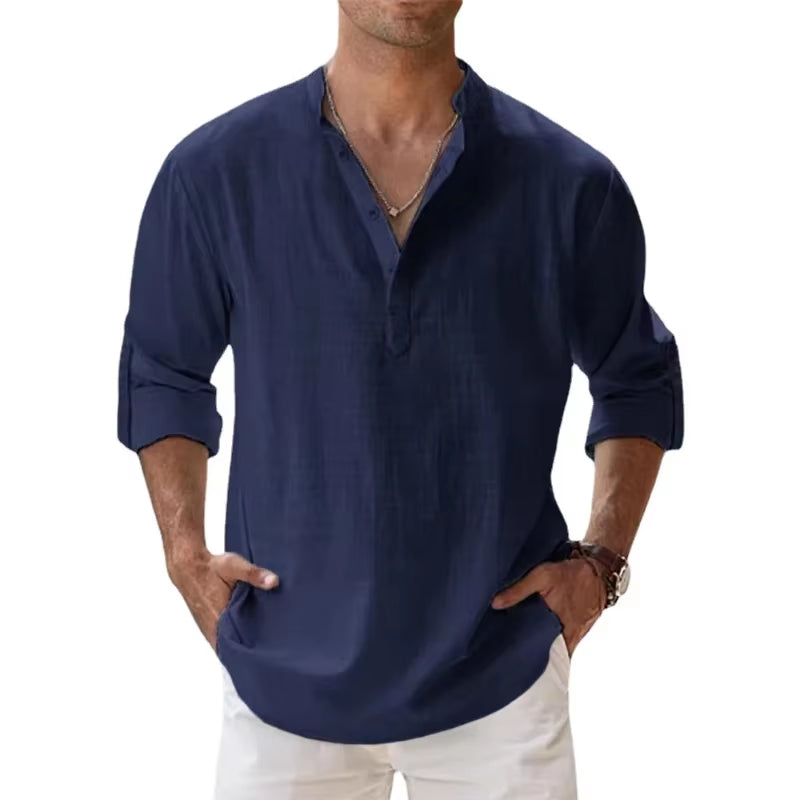 2025 New Cotton Linen Shirts for Men Casual Lightweight Long Sleeve Henley Beach Shirts Hawaiian TOPS for Men