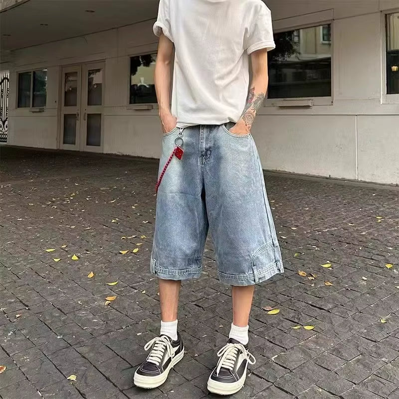 Hip Hop Retro Waist Inverted Design Men Denim Shorts Instagram Gothic Street Apparel Loose Straight Leg Pants Sports Pants