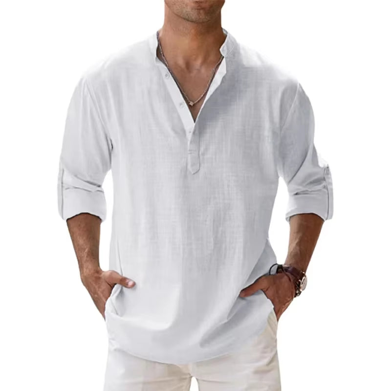 2025 New Cotton Linen Shirts for Men Casual Lightweight Long Sleeve Henley Beach Shirts Hawaiian TOPS for Men