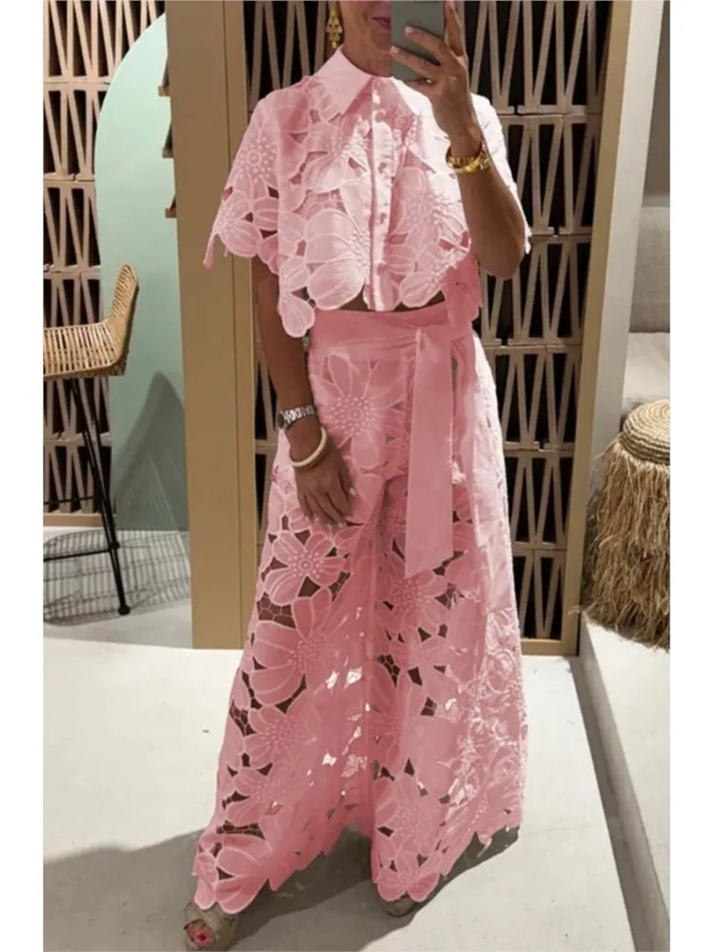 Sexy Lapel Single-Breasted Shirt Top + Wide-Leg Pants 2-Piece Set Women Fashion Solid Color Elegant Casual Hollow Suit Female