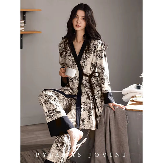 Ink and Wash 2023 New Pajama Sets Women'S 100% Cotton Long-Sleeved Kimono Nightgown Three Piece Set
