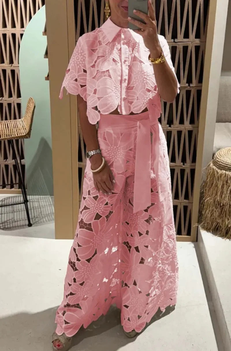Sexy Lapel Single-Breasted Shirt Top + Wide-Leg Pants 2-Piece Set Women Fashion Solid Color Elegant Casual Hollow Suit Female