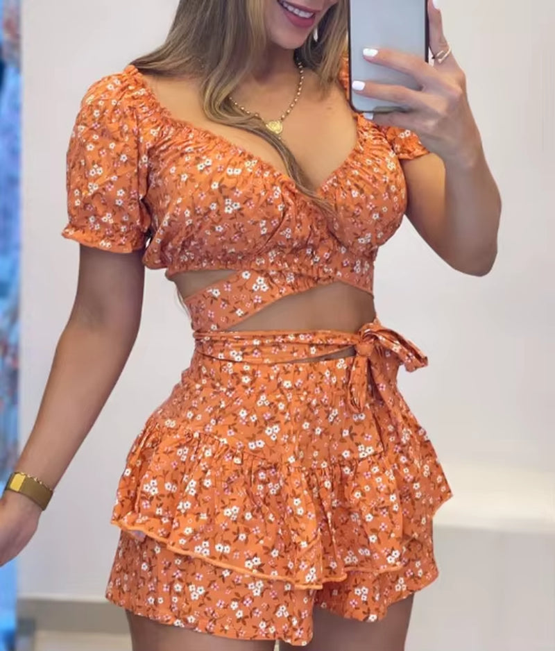 Elegant Women'S Sexy Floral Short Skirt 2024 Summer V-Neck Short Sleeved Cross Tie Hollow High Waisted Double-Layer Shorts Skirt