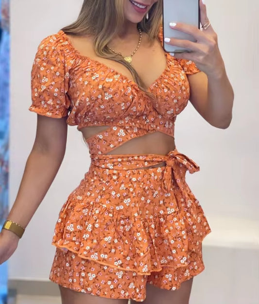 Elegant Women'S Sexy Floral Short Skirt 2024 Summer V-Neck Short Sleeved Cross Tie Hollow High Waisted Double-Layer Shorts Skirt