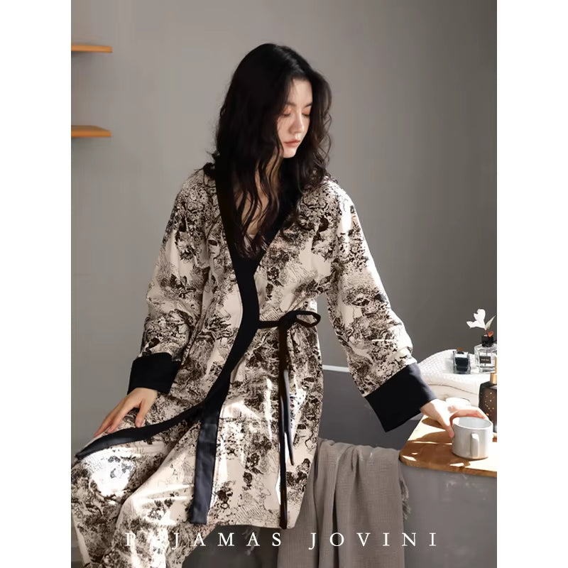 Ink and Wash 2023 New Pajama Sets Women'S 100% Cotton Long-Sleeved Kimono Nightgown Three Piece Set