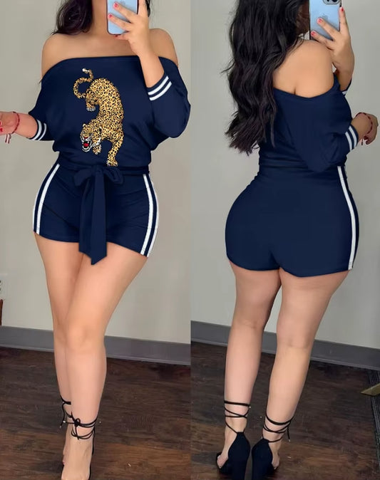 Women'S Elegance Romper 2024 Spring Latest Striped Leopard Print Tied off the Shoulder Bodysuit Skinny Batwing Sleeve Jumpsuit