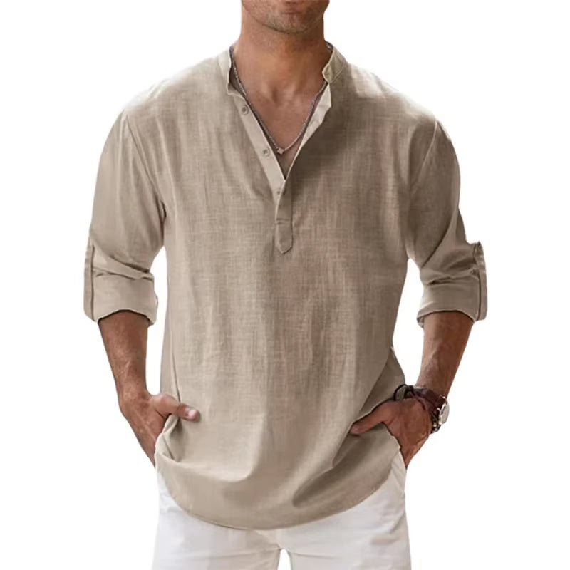2025 New Cotton Linen Shirts for Men Casual Lightweight Long Sleeve Henley Beach Shirts Hawaiian TOPS for Men