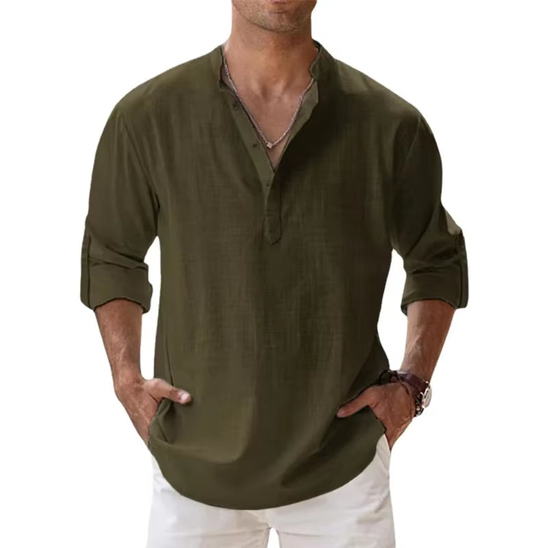 2025 New Cotton Linen Shirts for Men Casual Lightweight Long Sleeve Henley Beach Shirts Hawaiian TOPS for Men
