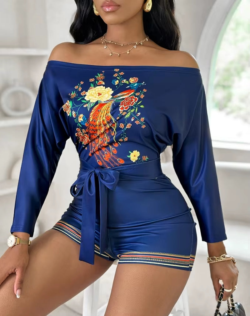 Women'S Elegance Romper 2024 Spring Latest Striped Leopard Print Tied off the Shoulder Bodysuit Skinny Batwing Sleeve Jumpsuit