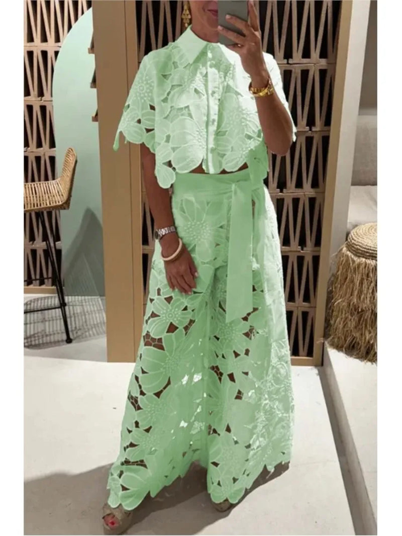 Sexy Lapel Single-Breasted Shirt Top + Wide-Leg Pants 2-Piece Set Women Fashion Solid Color Elegant Casual Hollow Suit Female