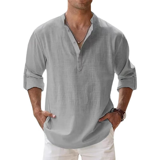 2025 New Cotton Linen Shirts for Men Casual Lightweight Long Sleeve Henley Beach Shirts Hawaiian TOPS for Men