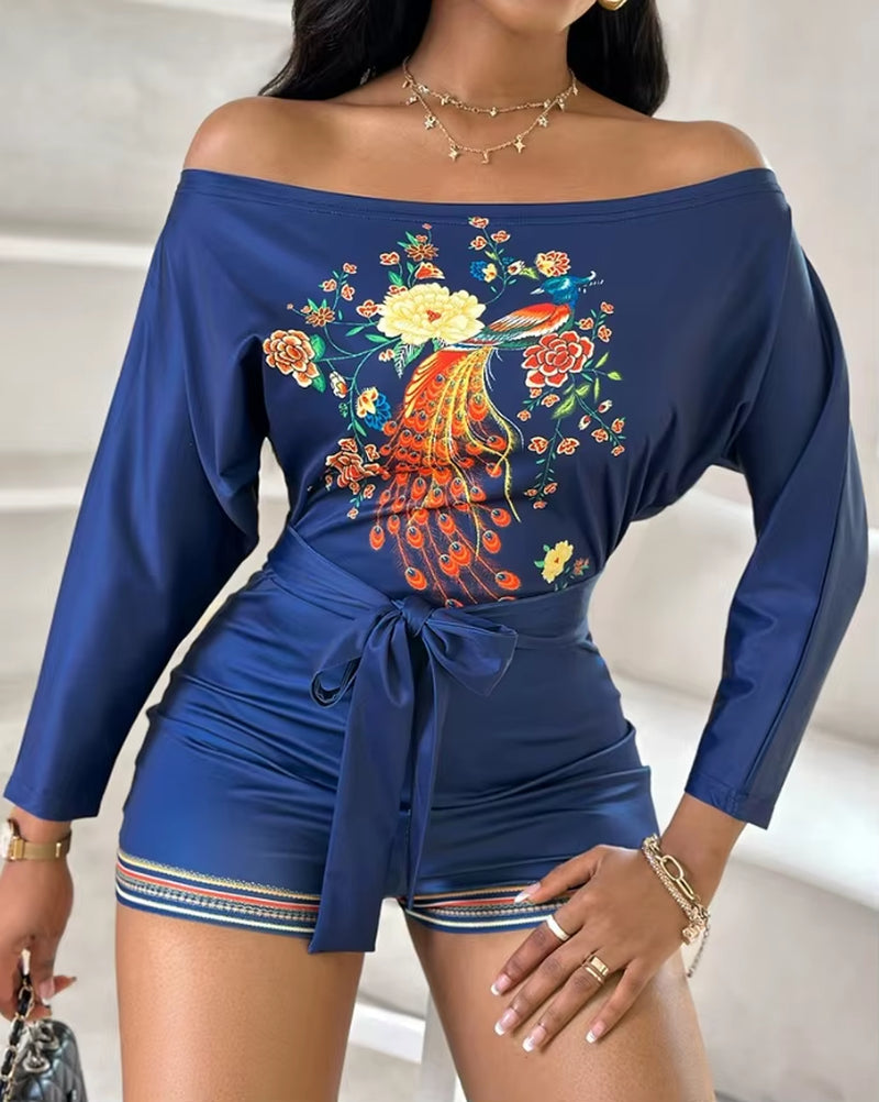 Women'S Elegance Romper 2024 Spring Latest Striped Leopard Print Tied off the Shoulder Bodysuit Skinny Batwing Sleeve Jumpsuit