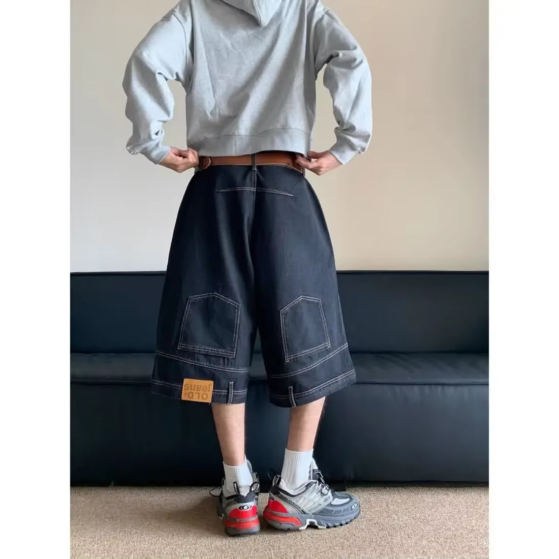 Hip Hop Retro Waist Inverted Design Men Denim Shorts Instagram Gothic Street Apparel Loose Straight Leg Pants Sports Pants