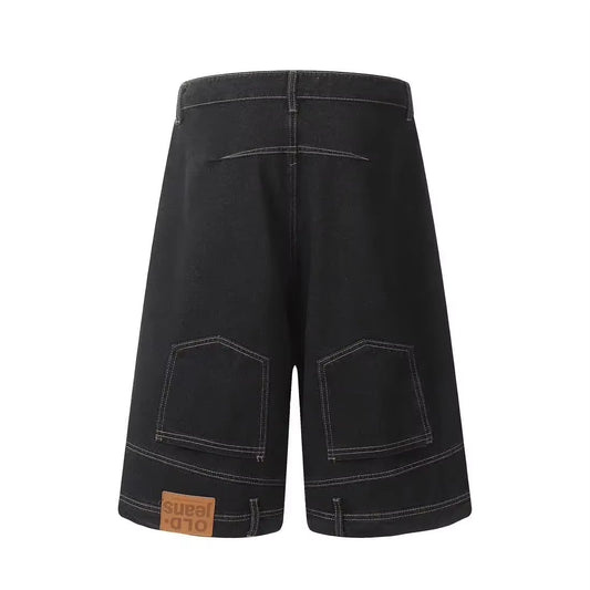 Hip Hop Retro Waist Inverted Design Men Denim Shorts Instagram Gothic Street Apparel Loose Straight Leg Pants Sports Pants