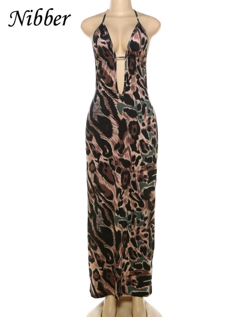 Leopard Print Dress Women Summer Backless Skinny Elastic Halter Coquette Midnight Skinny Elastic Club Vestidos Bodycon