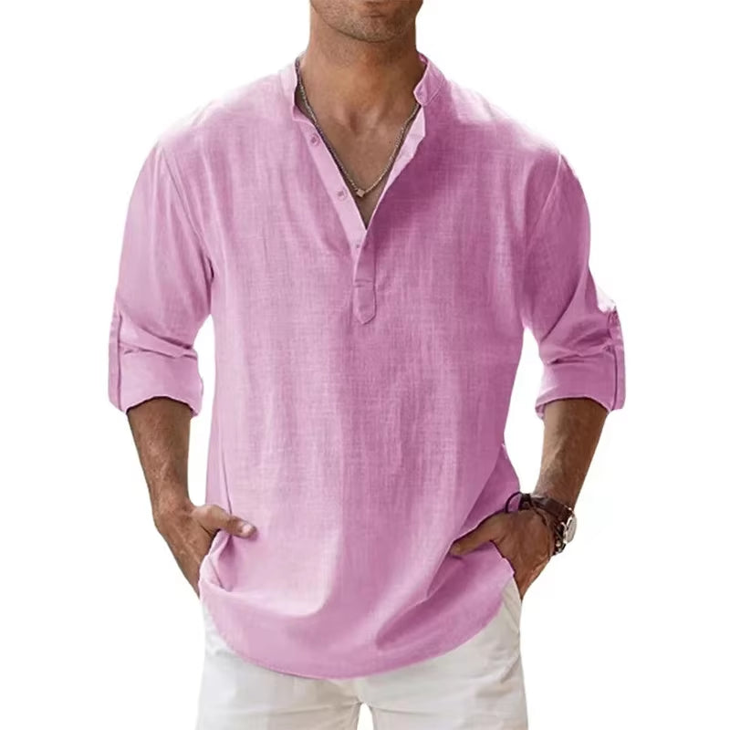 2025 New Cotton Linen Shirts for Men Casual Lightweight Long Sleeve Henley Beach Shirts Hawaiian TOPS for Men