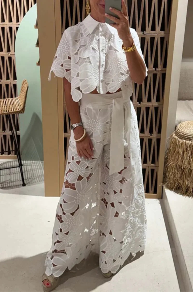 Sexy Lapel Single-Breasted Shirt Top + Wide-Leg Pants 2-Piece Set Women Fashion Solid Color Elegant Casual Hollow Suit Female