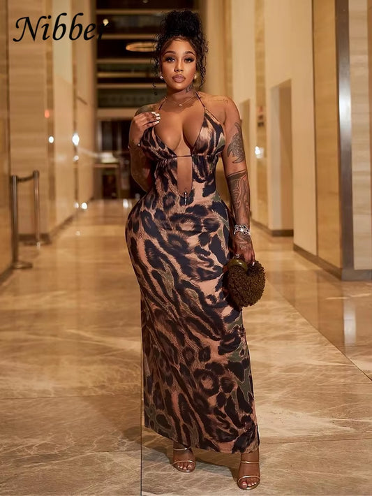 Leopard Print Dress Women Summer Backless Skinny Elastic Halter Coquette Midnight Skinny Elastic Club Vestidos Bodycon