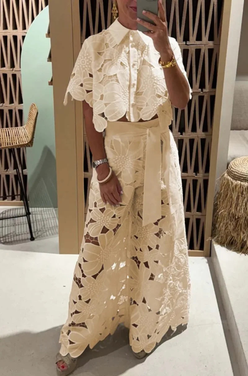 Sexy Lapel Single-Breasted Shirt Top + Wide-Leg Pants 2-Piece Set Women Fashion Solid Color Elegant Casual Hollow Suit Female