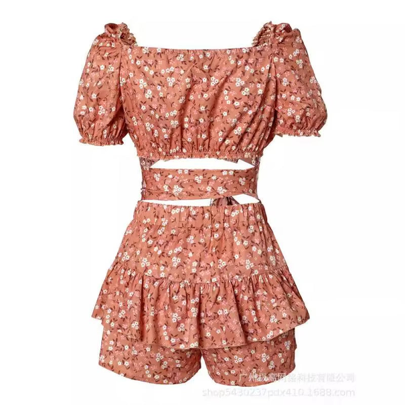 Elegant Women'S Sexy Floral Short Skirt 2024 Summer V-Neck Short Sleeved Cross Tie Hollow High Waisted Double-Layer Shorts Skirt