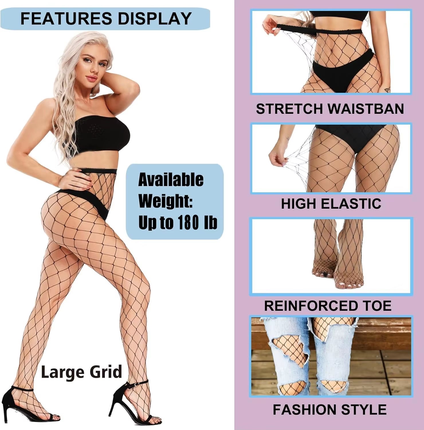 4 Pairs of Black Fishnet Stockings for Women – Plus Size Tights in One Size Fits All