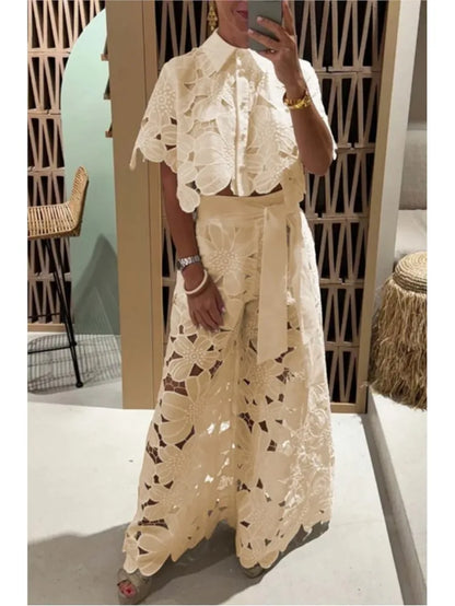 Sexy Lapel Single-Breasted Shirt Top + Wide-Leg Pants 2-Piece Set Women Fashion Solid Color Elegant Casual Hollow Suit Female