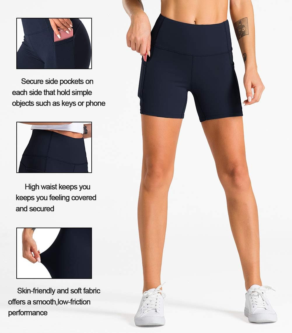 Dragon Fit Women's High Waist Yoga Shorts with Tummy Control and Dual Side Pockets for Running and Home Workouts
