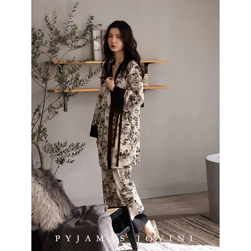 Ink and Wash 2023 New Pajama Sets Women'S 100% Cotton Long-Sleeved Kimono Nightgown Three Piece Set