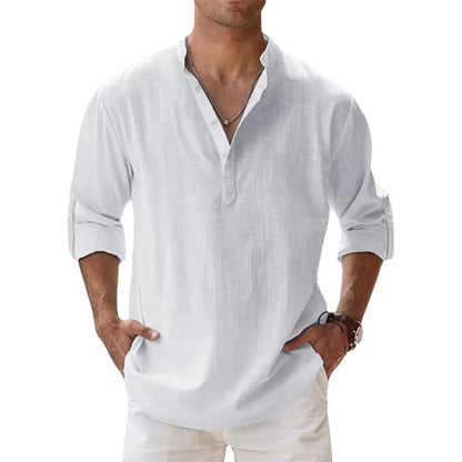 2025 New Cotton Linen Shirts for Men Casual Lightweight Long Sleeve Henley Beach Shirts Hawaiian TOPS for Men