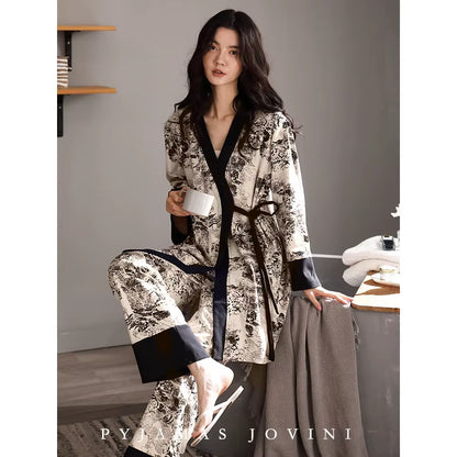 Ink and Wash 2023 New Pajama Sets Women'S 100% Cotton Long-Sleeved Kimono Nightgown Three Piece Set