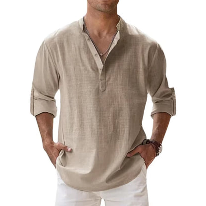 2025 New Cotton Linen Shirts for Men Casual Lightweight Long Sleeve Henley Beach Shirts Hawaiian TOPS for Men