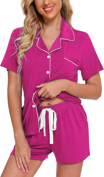 Samring Women's Short Sleeve Pajama Set - Button Down Sleepwear with Shorts, Soft Fabric, Available in Sizes S-XXL