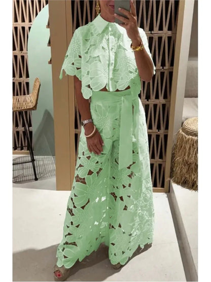 Sexy Lapel Single-Breasted Shirt Top + Wide-Leg Pants 2-Piece Set Women Fashion Solid Color Elegant Casual Hollow Suit Female