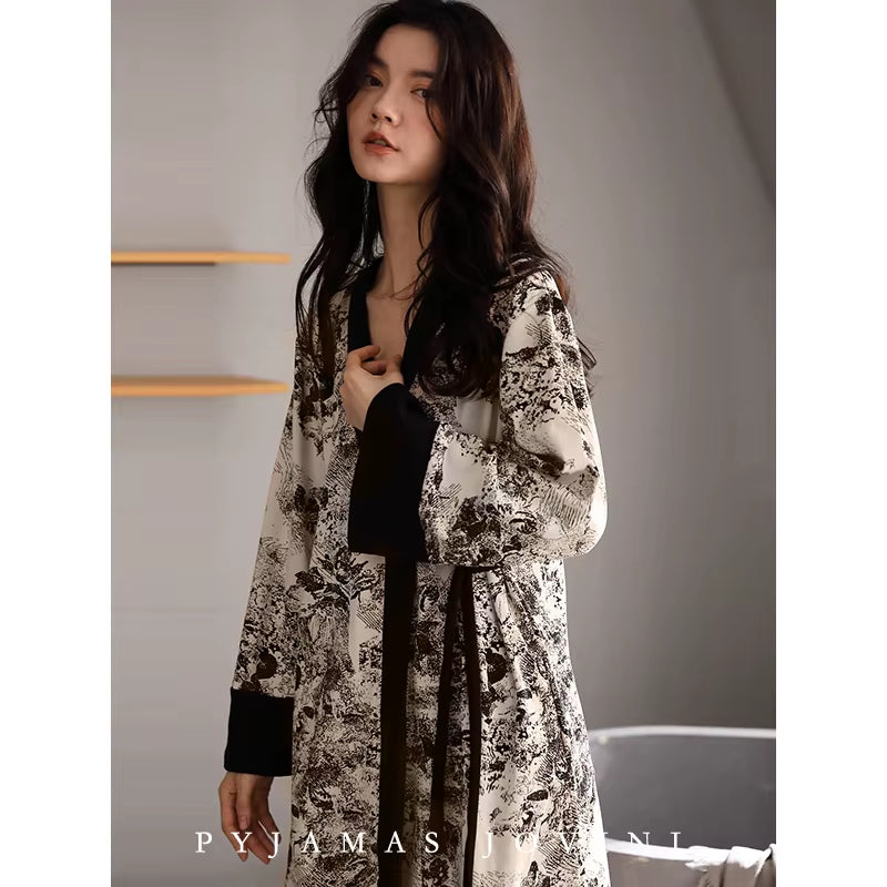 Ink and Wash 2023 New Pajama Sets Women'S 100% Cotton Long-Sleeved Kimono Nightgown Three Piece Set