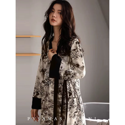 Ink and Wash 2023 New Pajama Sets Women'S 100% Cotton Long-Sleeved Kimono Nightgown Three Piece Set