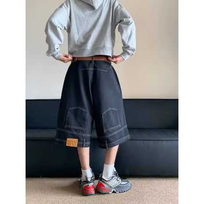 Hip Hop Retro Waist Inverted Design Men Denim Shorts Instagram Gothic Street Apparel Loose Straight Leg Pants Sports Pants