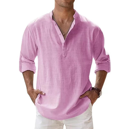 2025 New Cotton Linen Shirts for Men Casual Lightweight Long Sleeve Henley Beach Shirts Hawaiian TOPS for Men
