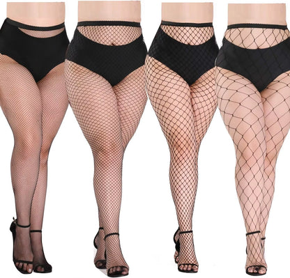 4 Pairs of Black Fishnet Stockings for Women – Plus Size Tights in One Size Fits All
