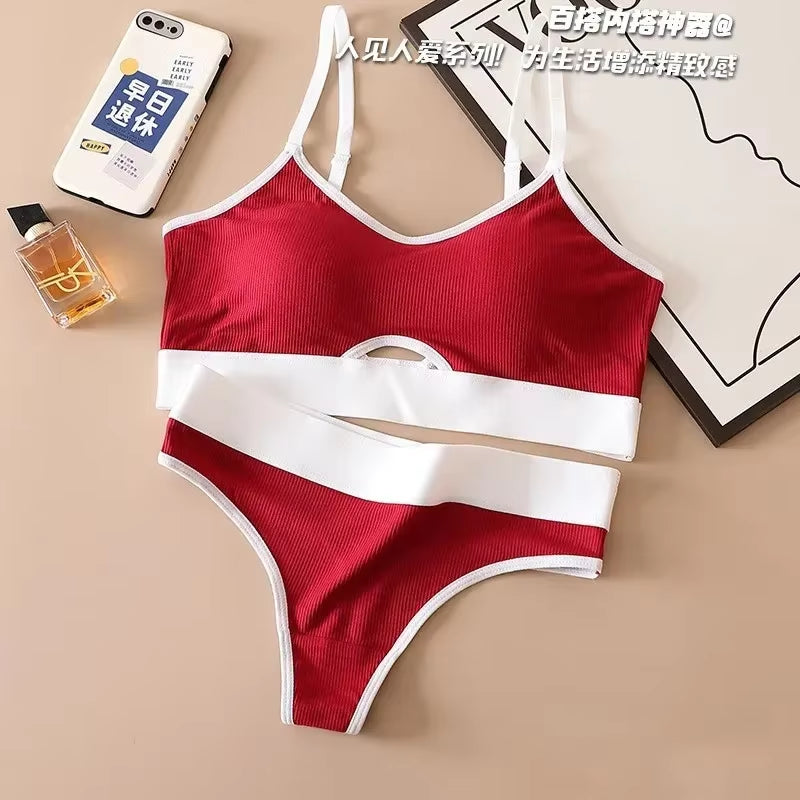 Seamless Women's Sports Bra and Panty Set - Hollow Out Cotton Underwear with U-Back Push-Up Design